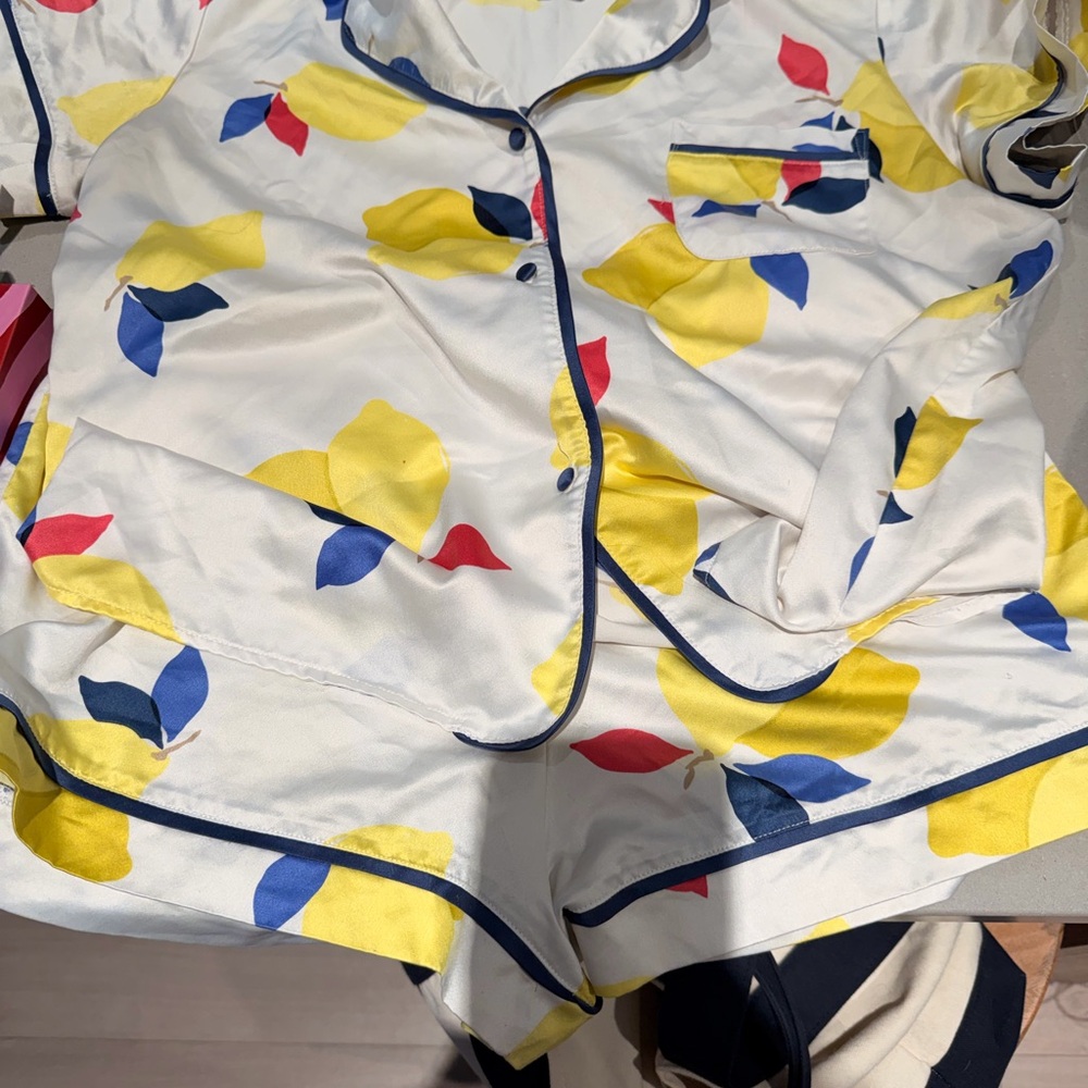 Kate Spade Lemon Floral Satin Pajama Set with Navy Trim